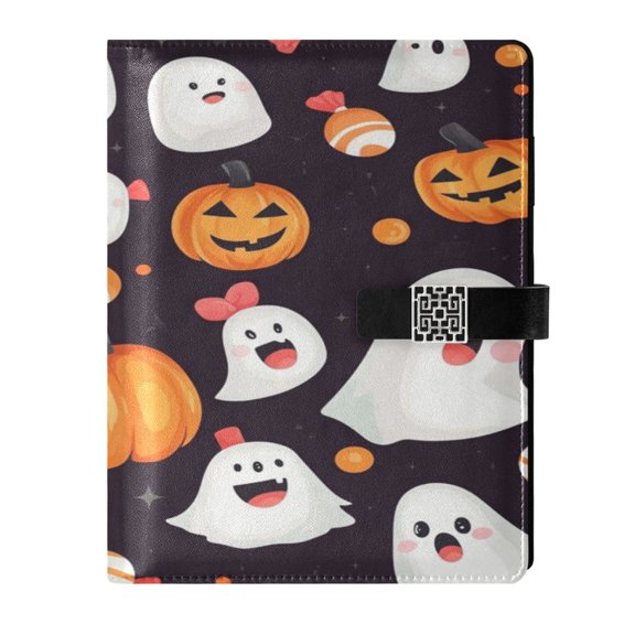 9.2x6.7 inch Leather Notebook 100 Sheets, Multi-Pocket Design & Pen Loop Cartoon Halloween Ghost Refillable Journal Organizer