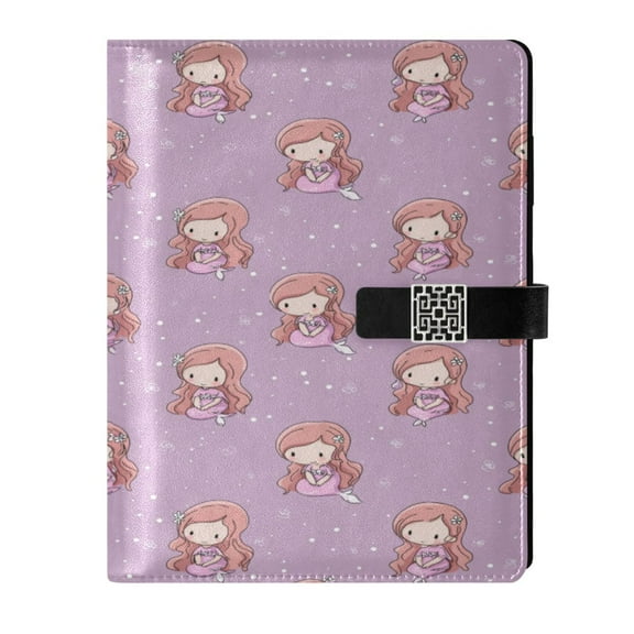 9.2x6.7 inch Leather Notebook 100 Sheets, Multi-Pocket Design & Pen Loop Cartoon Mermaid Pattern Refillable Journal Organizer