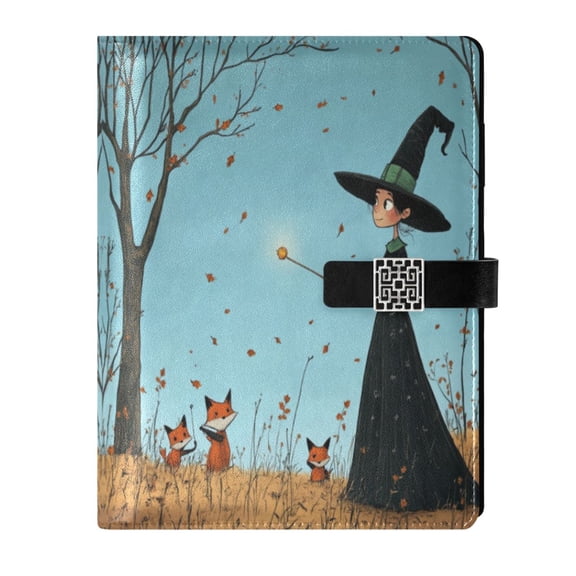 9.2x6.7 inch Leather Notebook 100 Sheets, Multi-Pocket Design & Pen Loop Cartoon Witch Refillable Journal Organizer
