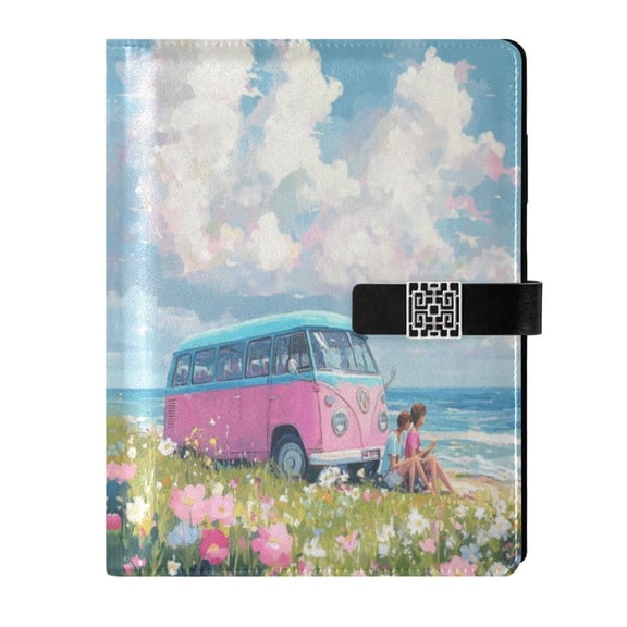 9.2x6.7 inch Leather Notebook 100 Sheets, Multi-Pocket Design & Pen Loop Cartoon-style Retro Bus Refillable Journal Organizer
