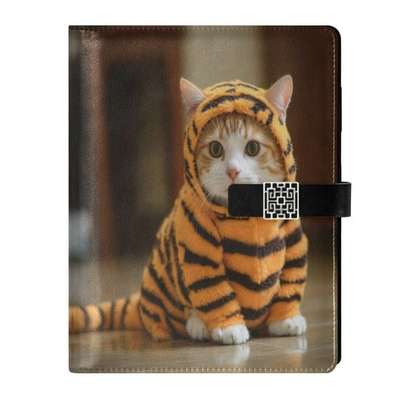 9.2x6.7 inch Leather Notebook 100 Sheets, Multi-Pocket Design & Pen Loop Cat in Leopard Print Refillable Journal Organizer