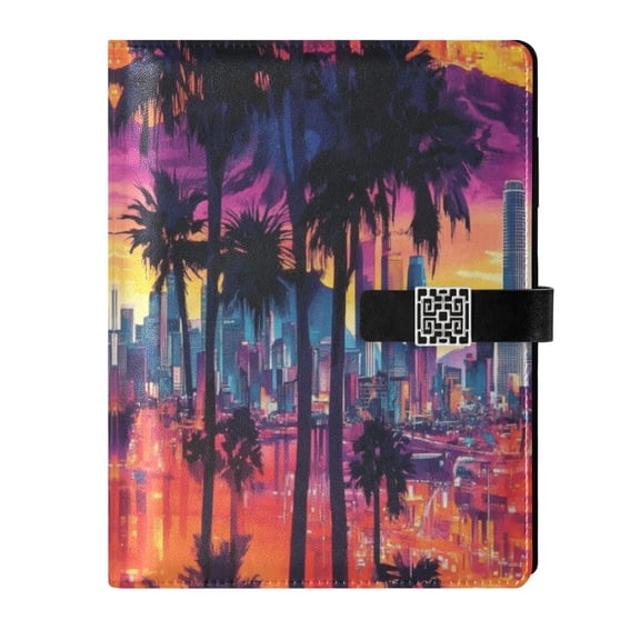 9.2x6.7 inch Leather Notebook 100 Sheets, Multi-Pocket Design & Pen Loop City View at Sunset Refillable Journal Organizer