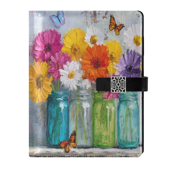 9.2x6.7 inch Leather Notebook 100 Sheets, Multi-Pocket Design & Pen Loop Colorful Daisies and Butterflies Refillable Journal Organizer