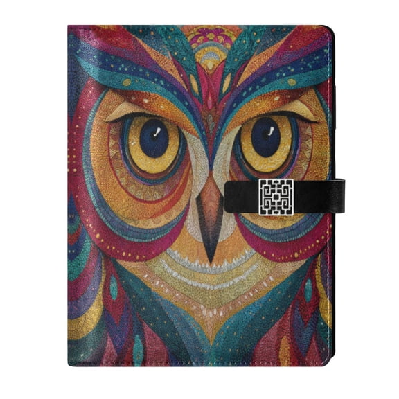 9.2x6.7 inch Leather Notebook 100 Sheets, Multi-Pocket Design & Pen Loop Colorful Owl Face Refillable Journal Organizer