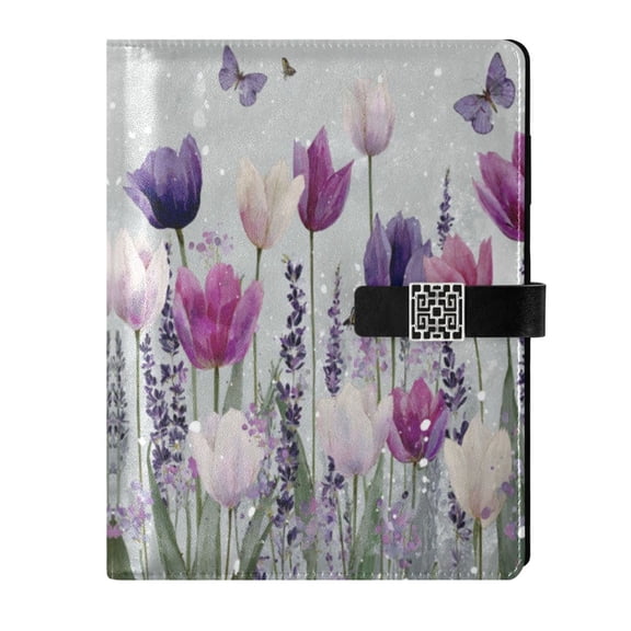 9.2x6.7 inch Leather Notebook 100 Sheets, Multi-Pocket Design & Pen Loop Colorful Tulips and Lavender Refillable Journal Organizer