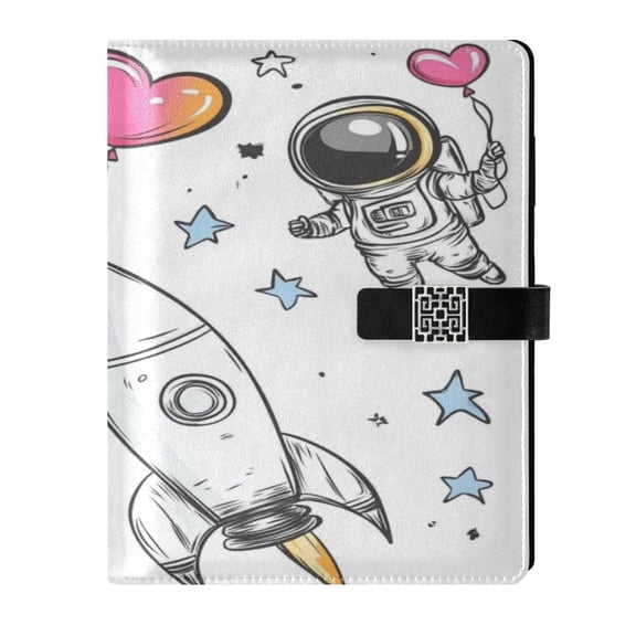 9.2x6.7 inch Leather Notebook 100 Sheets, Multi-Pocket Design & Pen Loop Cute Astronaut Clipart Refillable Journal Organizer