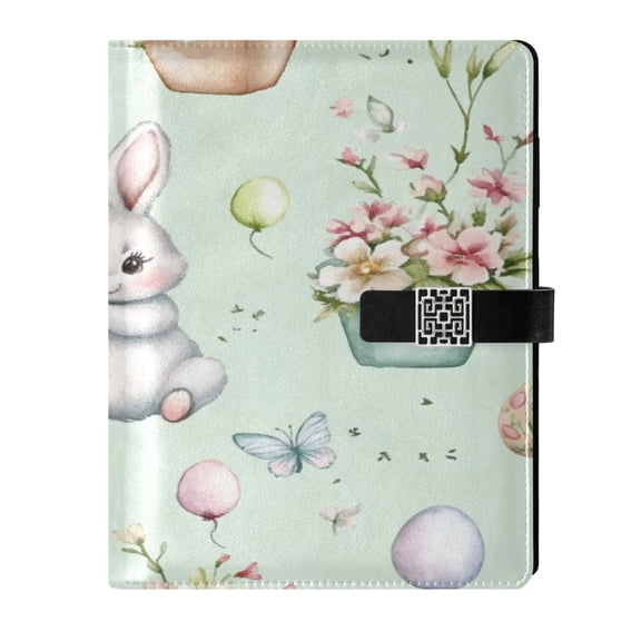 9.2x6.7 inch Leather Notebook 100 Sheets, Multi-Pocket Design & Pen Loop Cute Bunny Holding Balloons Refillable Journal Organizer