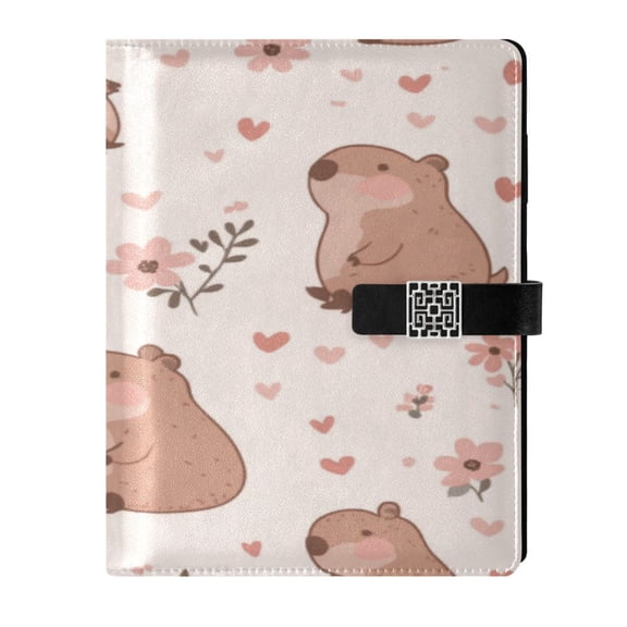 9.2x6.7 inch Leather Notebook 100 Sheets, Multi-Pocket Design & Pen Loop Cute Capybaras Refillable Journal Organizer
