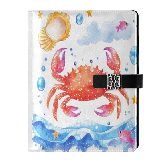 9.2x6.7 inch Leather Notebook 100 Sheets, Multi-Pocket Design & Pen Loop Cute Cartoon Crab Refillable Journal Organizer