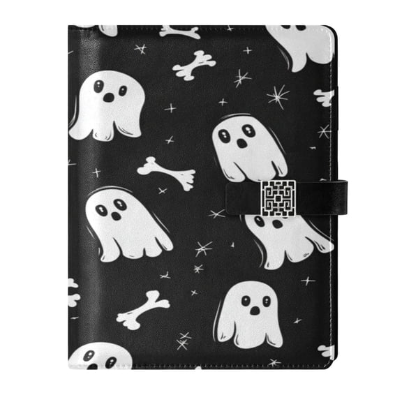 9.2x6.7 inch Leather Notebook 100 Sheets, Multi-Pocket Design & Pen Loop Cute Cartoon Ghosts and Bones Refillable Journal Organizer