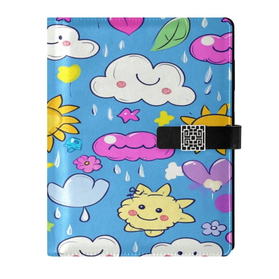 9.2x6.7 inch Leather Notebook 100 Sheets, Multi-Pocket Design & Pen Loop Cute Cartoon Rain Clouds Refillable Journal Organizer
