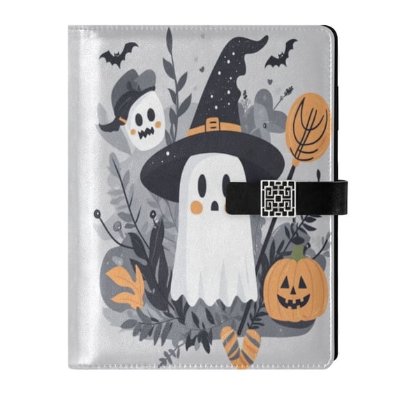 9.2x6.7 inch Leather Notebook 100 Sheets, Multi-Pocket Design & Pen Loop Cute Cartoon Witch and Ghost Character Refillable Journal Organizer