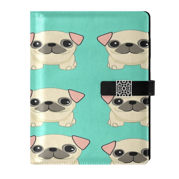 9.2x6.7 inch Leather Notebook 100 Sheets, Multi-Pocket Design & Pen Loop Cute Cartoon-style Beige Pugs Refillable Journal Organizer