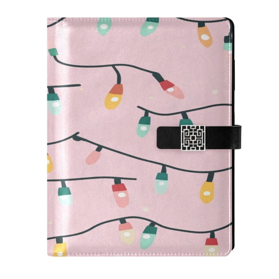 9.2x6.7 inch Leather Notebook 100 Sheets, Multi-Pocket Design & Pen Loop Cute Christmas Light Pattern Refillable Journal Organizer