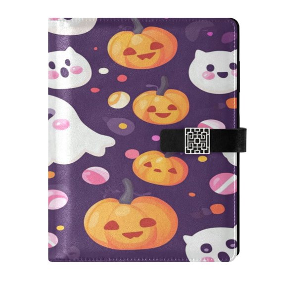 9.2x6.7 inch Leather Notebook 100 Sheets, Multi-Pocket Design & Pen Loop Cute Ghost Pattern Refillable Journal Organizer
