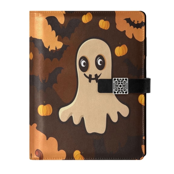 9.2x6.7 inch Leather Notebook 100 Sheets, Multi-Pocket Design & Pen Loop Cute Ghost with Pumpkins Refillable Journal Organizer