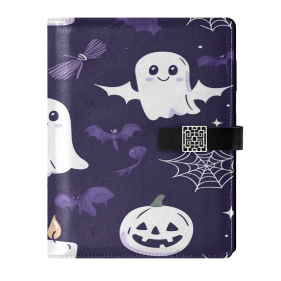 9.2x6.7 inch Leather Notebook 100 Sheets, Multi-Pocket Design & Pen Loop Cute Halloween Ghost Refillable Journal Organizer