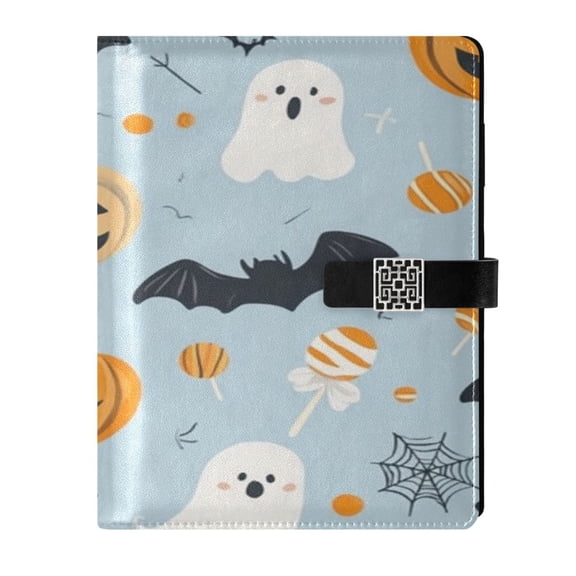 9.2x6.7 inch Leather Notebook 100 Sheets, Multi-Pocket Design & Pen Loop Cute Halloween-themed Clipart Refillable Journal Organizer