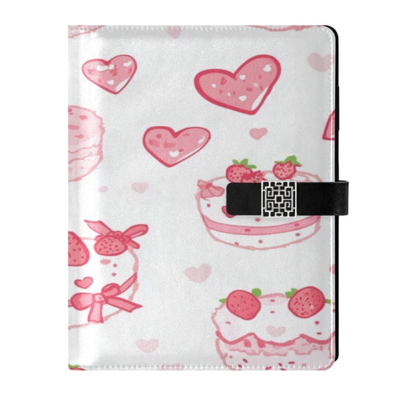 9.2x6.7 inch Leather Notebook 100 Sheets, Multi-Pocket Design & Pen Loop Cute Pink Cake Pattern Refillable Journal Organizer
