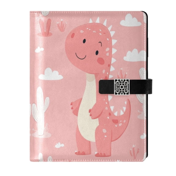 9.2x6.7 inch Leather Notebook 100 Sheets, Multi-Pocket Design & Pen Loop Cute Pink Dinosaur Pattern Refillable Journal Organizer