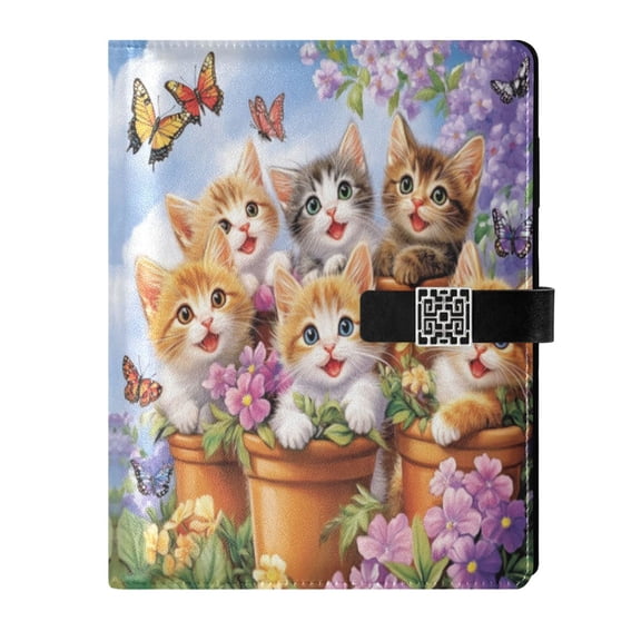 9.2x6.7 inch Leather Notebook 100 Sheets, Multi-Pocket Design & Pen Loop Cute Smiling Kitten Refillable Journal Organizer