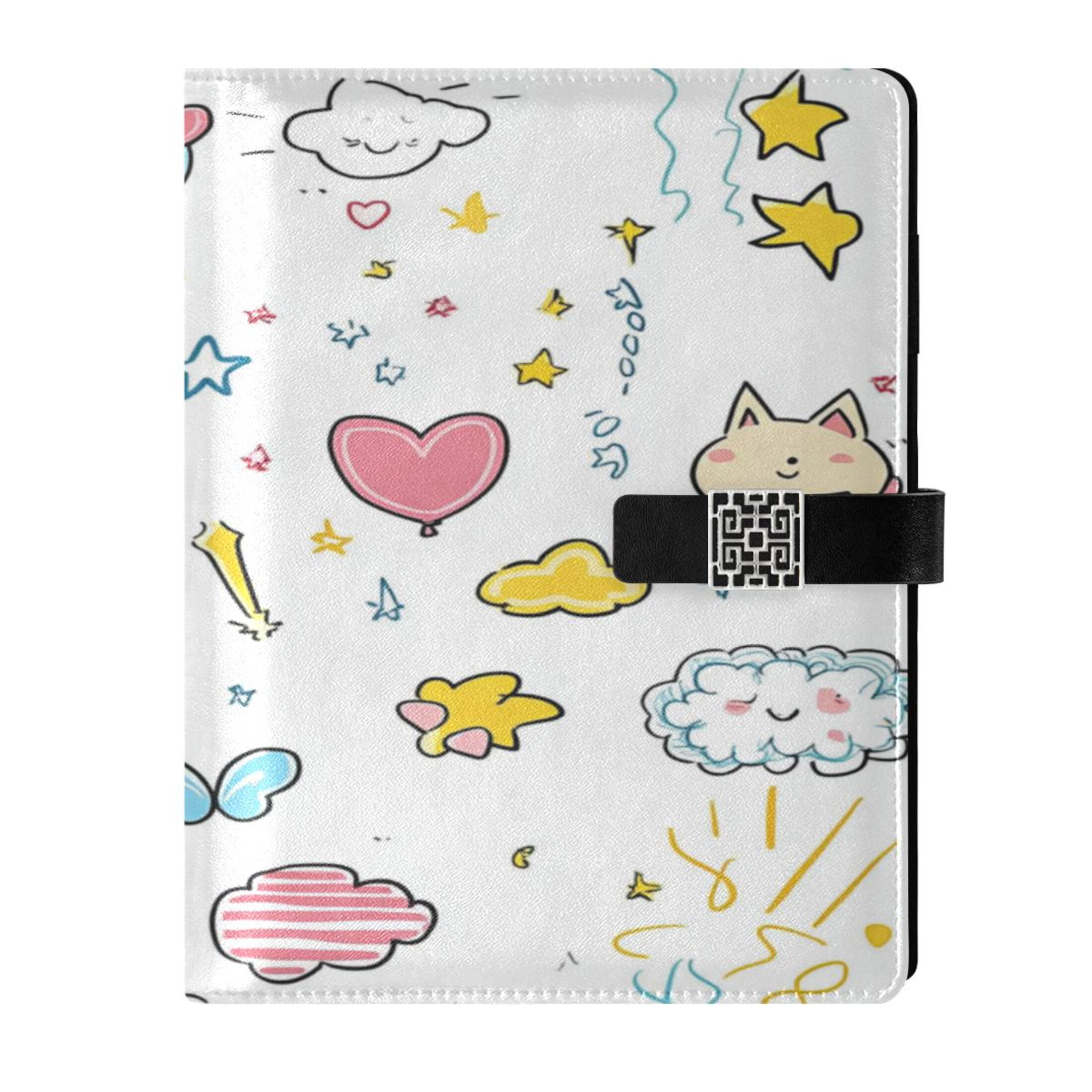 9.2x6.7 inch Leather Notebook 100 Sheets, Multi-Pocket Design & Pen Loop Cute Stickers Cartoon Drawings Refillable Journal Organizer