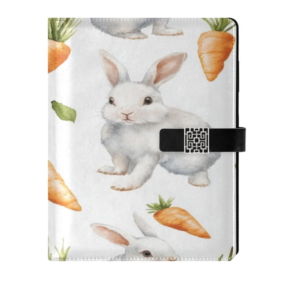 9.2x6.7 inch Leather Notebook 100 Sheets, Multi-Pocket Design & Pen Loop Cute Watercolor White Bunnies Refillable Journal Organizer