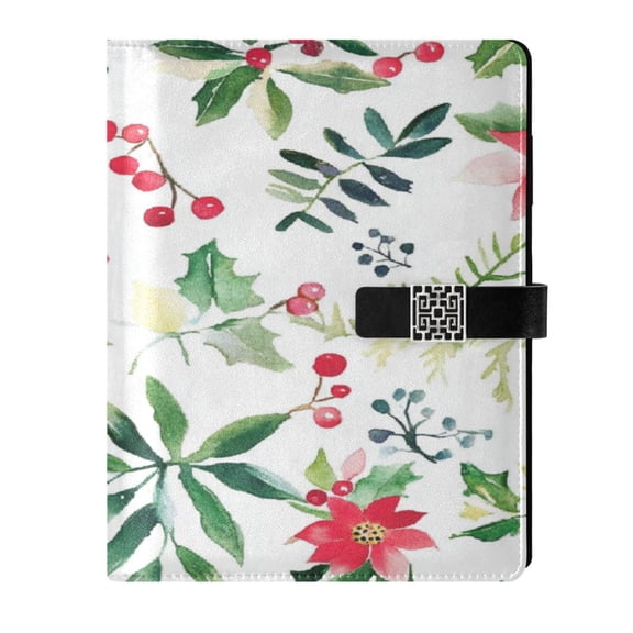 9.2x6.7 inch Leather Notebook 100 Sheets, Multi-Pocket Design & Pen Loop Cute Winter Floral Pattern Refillable Journal Organizer