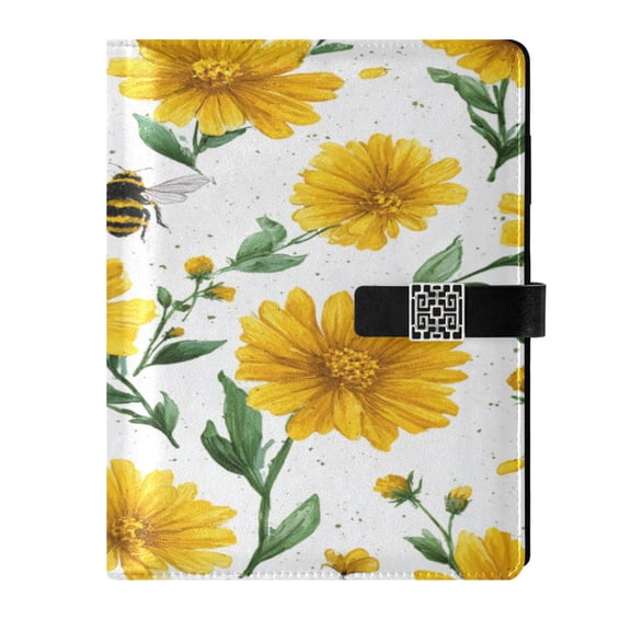 9.2x6.7 inch Leather Notebook 100 Sheets, Multi-Pocket Design & Pen Loop Daisies and Bees Pattern Refillable Journal Organizer