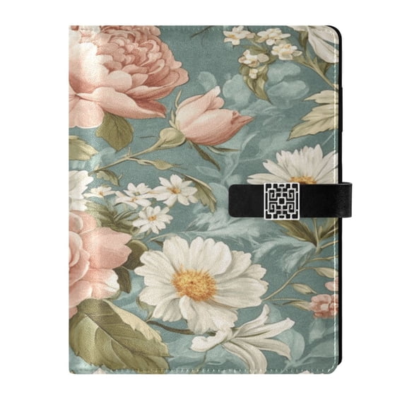 9.2x6.7 inch Leather Notebook 100 Sheets, Multi-Pocket Design & Pen Loop Daisies and Lilies Refillable Journal Organizer