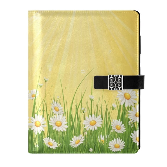 9.2x6.7 inch Leather Notebook 100 Sheets, Multi-Pocket Design & Pen Loop Daisies and Sun Rays Refillable Journal Organizer