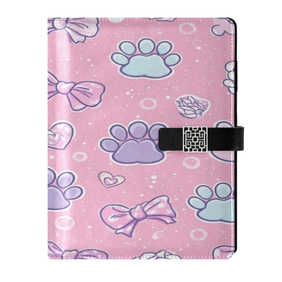 9.2x6.7 inch Leather Notebook 100 Sheets, Multi-Pocket Design & Pen Loop Dog Paw Prints and Bows Refillable Journal Organizer