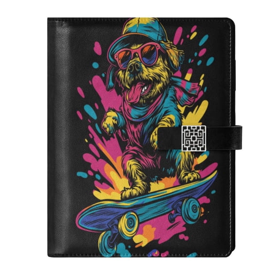9.2x6.7 inch Leather Notebook 100 Sheets, Multi-Pocket Design & Pen Loop Dog Riding on A Skateboard Refillable Journal Organizer