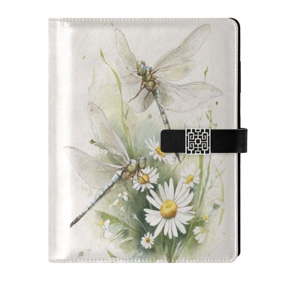 9.2x6.7 inch Leather Notebook 100 Sheets, Multi-Pocket Design & Pen Loop Dragonflies with White Daisies Refillable Journal Organizer