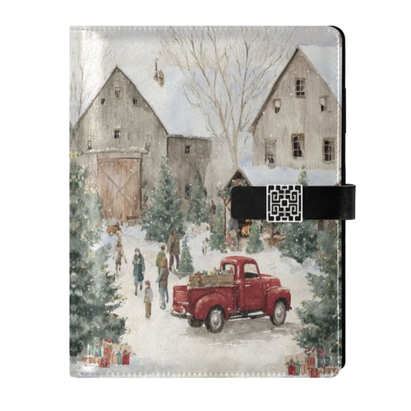 9.2x6.7 inch Leather Notebook 100 Sheets, Multi-Pocket Design & Pen Loop Farm Snow Scene Refillable Journal Organizer