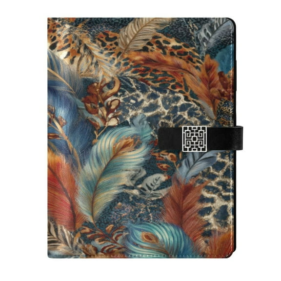 9.2x6.7 inch Leather Notebook 100 Sheets, Multi-Pocket Design & Pen Loop Feathers and Leopard Print Refillable Journal Organizer