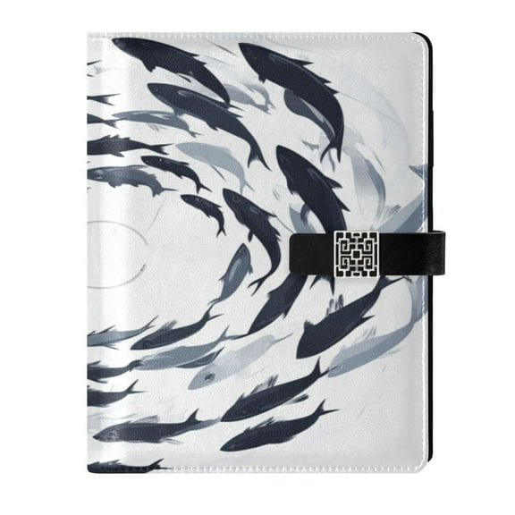 9.2x6.7 inch Leather Notebook 100 Sheets, Multi-Pocket Design & Pen Loop Fish Swimming in Spiral Refillable Journal Organizer