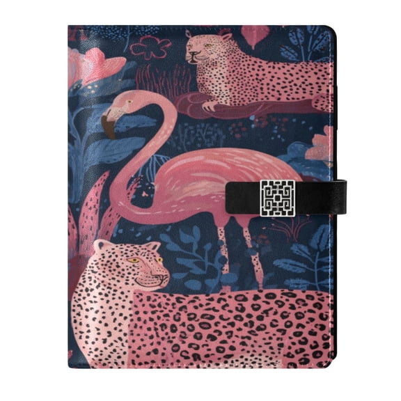 9.2x6.7 inch Leather Notebook 100 Sheets, Multi-Pocket Design & Pen Loop Flamingos and Leopard Print Refillable Journal Organizer