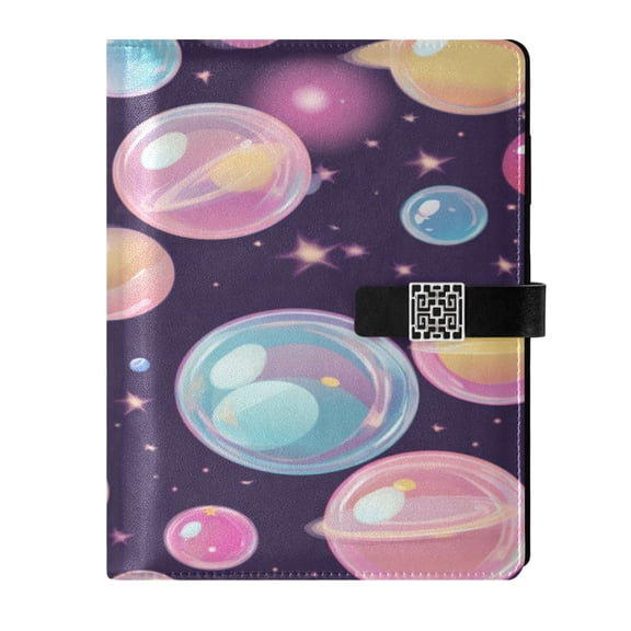 9.2x6.7 inch Leather Notebook 100 Sheets, Multi-Pocket Design & Pen Loop Floating Bubbles Pattern Refillable Journal Organizer