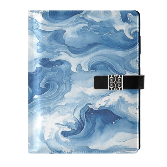 9.2x6.7 inch Leather Notebook 100 Sheets, Multi-Pocket Design & Pen Loop Fluid Indigo Waves Refillable Journal Organizer