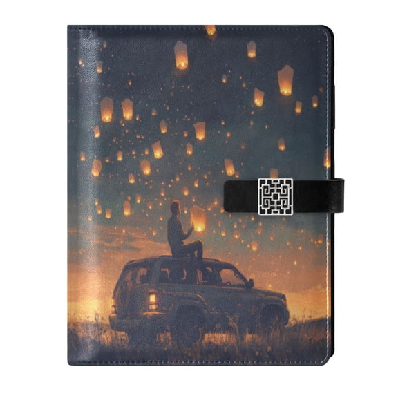 9.2x6.7 inch Leather Notebook 100 Sheets, Multi-Pocket Design & Pen Loop Glowing Lanterns Refillable Journal Organizer