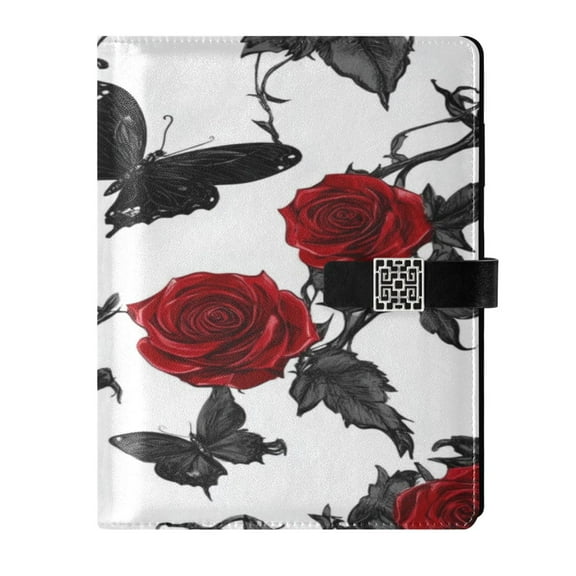 9.2x6.7 inch Leather Notebook 100 Sheets, Multi-Pocket Design & Pen Loop Gothic Red Roses Refillable Journal Organizer