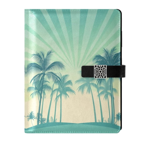 9.2x6.7 inch Leather Notebook 100 Sheets, Multi-Pocket Design & Pen Loop Green Palm Trees Refillable Journal Organizer