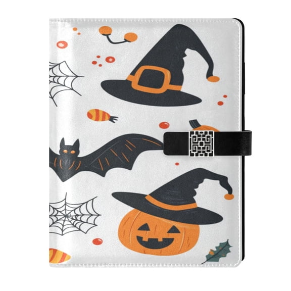 9.2x6.7 inch Leather Notebook 100 Sheets, Multi-Pocket Design & Pen Loop Halloween Cute Doodle Clip Art Set Refillable Journal Organizer