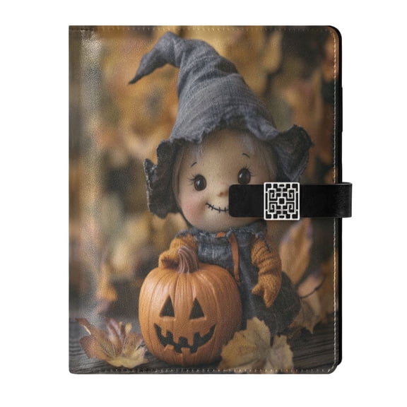 9.2x6.7 inch Leather Notebook 100 Sheets, Multi-Pocket Design & Pen Loop Halloween Doll Refillable Journal Organizer