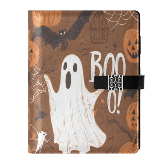 9.2x6.7 inch Leather Notebook 100 Sheets, Multi-Pocket Design & Pen Loop Halloween Ghost Partten Refillable Journal Organizer