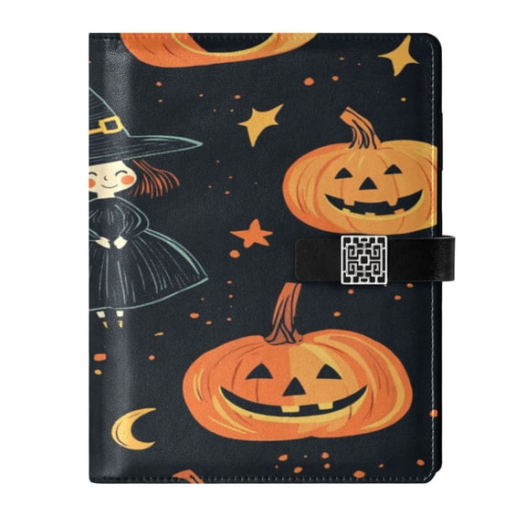 9.2x6.7 inch Leather Notebook 100 Sheets, Multi-Pocket Design & Pen Loop Halloween Pumpkin and Witch Refillable Journal Organizer