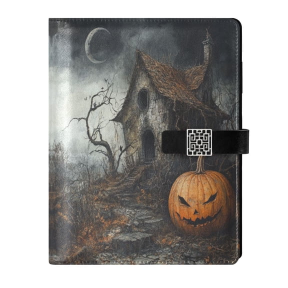 9.2x6.7 inch Leather Notebook 100 Sheets, Multi-Pocket Design & Pen Loop Halloween Pumpkin and Witch's House Refillable Journal Organizer