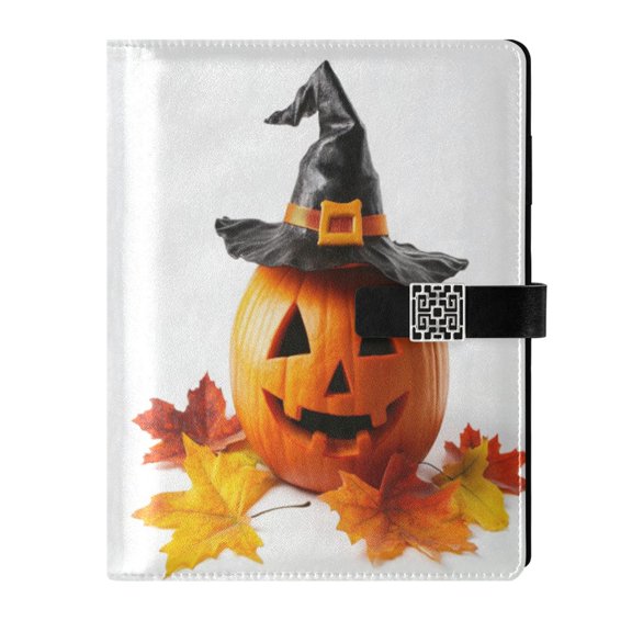 9.2x6.7 inch Leather Notebook 100 Sheets, Multi-Pocket Design & Pen Loop Halloween Pumpkin with Witch Hat Refillable Journal Organizer