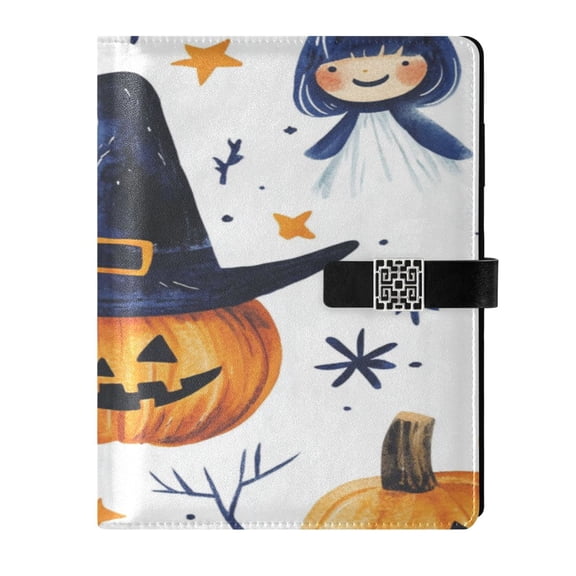 9.2x6.7 inch Leather Notebook 100 Sheets, Multi-Pocket Design & Pen Loop Halloween Pumpkins and Witch Refillable Journal Organizer